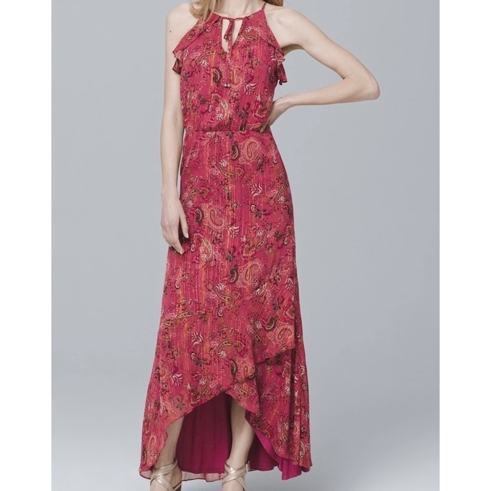 White House Black Market Pink Paisley Metallic High-Low Maxi Dress Size 14